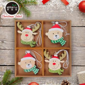 摩達客耶誕-質感聖誕帽木質彩繪(單面)吊飾-小熊+麋鹿混款16入(8入*2盒裝)