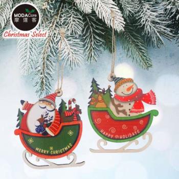 摩達客可愛雪橇木質彩繪(單面)吊飾-聖誕老公公+雪人(一組2入)
