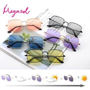 MEGASOL  UV400時尚中性大矩方框偏光太陽眼鏡變色墨鏡(感光變色-BS19971)