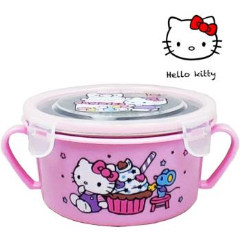 【HELLO KITTY】不鏽鋼雙耳隔熱碗/幼兒學習隔熱餐碗(新粉紅 買1送1)