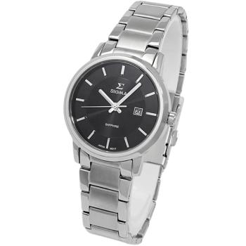 【SIGMA】1122L-1 簡約時尚 藍寶石鏡面 日期顯示 鋼錶帶女錶 黑/銀 30mm 平價實惠的好選擇