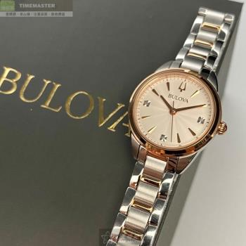 BULOVA手錶, 女錶 28mm 玫瑰金圓形精鋼錶殼 白色簡約, 中三針顯示錶面款 BU00002
