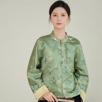 糖潮-玩美衣櫃中式繡花禅茶服長袖綠色反摺袖上衣S-L