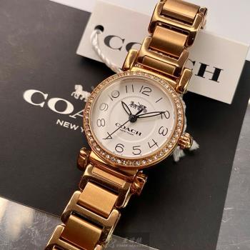 COACH 蔻馳女錶 24mm 玫瑰金圓形精鋼錶殼 白色簡約, 時分秒中三針顯示, 鑽圈錶面款 CH00060