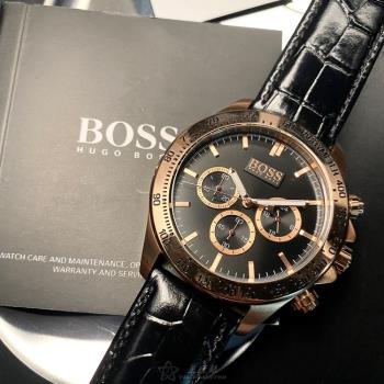 BOSS 伯斯男錶 44mm 玫瑰金圓形精鋼錶殼 黑色三眼, 精密刻度錶面款 HB1513179