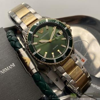 ARMANI 阿曼尼男錶 44mm 綠金圓形精鋼錶殼 墨綠色中三針顯示, 運動, 水鬼錶面款 AR00043