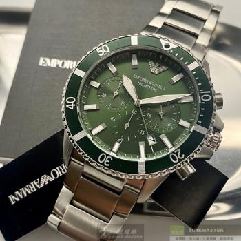 ARMANI手錶, 男錶 44mm 銀圓形精鋼錶殼 墨綠色三眼, 中三針顯示, 水鬼錶面款 AR00021