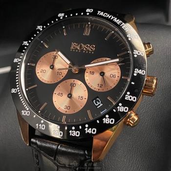 BOSS手錶, 男女通用錶 42mm 玫瑰金圓形精鋼錶殼 黑色三眼錶面款 HB1513580