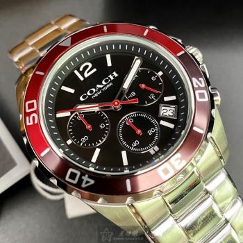 COACH手錶, 男錶 44mm 紅黑色圓形精鋼錶殼 黑色三眼, 時分秒中三針顯示, 水鬼錶面款 CH00062