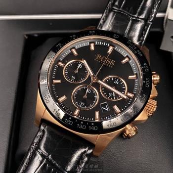 BOSS手錶, 男女通用錶 44mm 玫瑰金圓形精鋼錶殼 黑色三眼, 中三針顯示, 運動錶面款 HB1513753