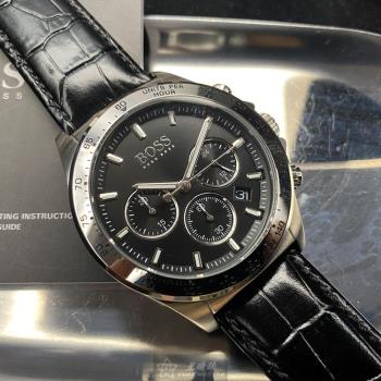 BOSS 伯斯男錶 42mm 銀圓形精鋼錶殼 黑色三眼, 時分秒中三針顯示, 運動錶面款 HB1513752