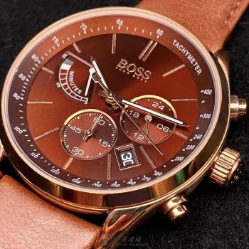 BOSS 伯斯男女通用錶 42mm 玫瑰金圓形精鋼錶殼 古銅色三眼, 時分秒中三針顯示錶面款 HB1513605