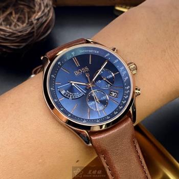 BOSS 伯斯男女通用錶 44mm 玫瑰金圓形精鋼錶殼 寶藍色三眼錶面款 HB1513604