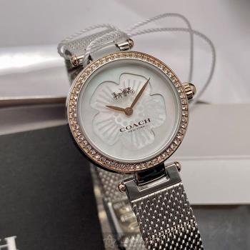COACH 蔻馳女錶 26mm 玫瑰金圓形精鋼錶殼 白色簡約, 中二針顯示, 花瓣錶面款 CH00130
