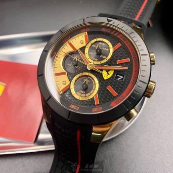 FERRARI手錶, 男錶 46mm 黑圓形精鋼錶殼 黑金色三眼, 中三針顯示, 運動錶面款 FE00042