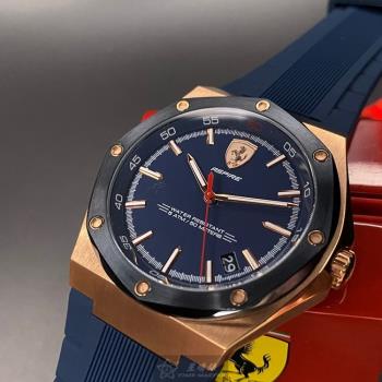 FERRARI手錶, 男錶 42mm 玫瑰金八角形精鋼錶殼 寶藍色簡約, 運動錶面款 FE00010