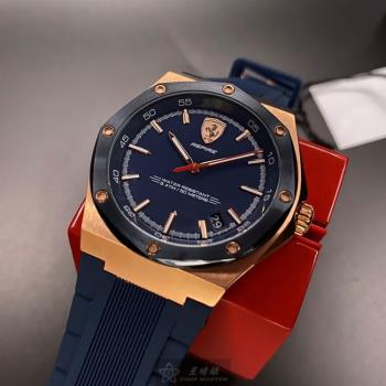 FERRARI 法拉利男錶 42mm 玫瑰金八角形精鋼錶殼 寶藍色簡約, 運動錶面款 FE00010