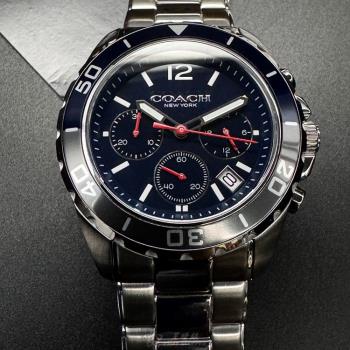 COACH 蔻馳男錶 44mm 銀圓形精鋼錶殼 寶藍色三眼, 中三針顯示, 水鬼錶面款 CH00180