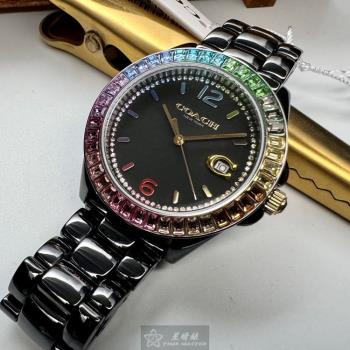 COACH 蔻馳女錶 38mm 黑圓形陶瓷錶殼 黑色中三針顯示, 鑽圈錶面款 CH00165