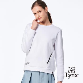 【Lynx Golf】首爾高桿風格！女款雙面組織布吸排機能拉鍊口袋下擺開杈大學T長袖圓領POLO衫/高爾夫球衫-白色