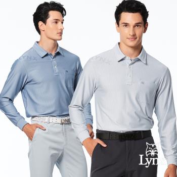 【Lynx Golf】男款吸溼排汗透明膠印造型組織條紋布料胸袋款長袖POLO衫(二色)