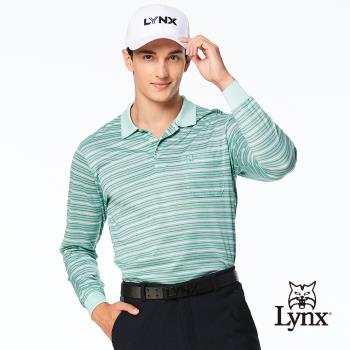 【Lynx Golf】男款歐洲進口布料純棉絲光藍綠白條紋紋路胸袋款長袖POLO衫-綠色