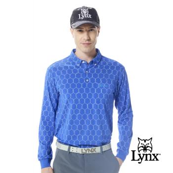 【Lynx Golf】男款吸濕排汗滿版六角蜂巢圖樣胸袋山貓繡花款長袖POLO衫/高爾夫球衫-藍色