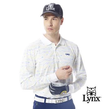 【Lynx Golf】男款吸濕排汗滿版亮色系線條球車果嶺圖樣印花長袖POLO衫/高爾夫球衫-白色