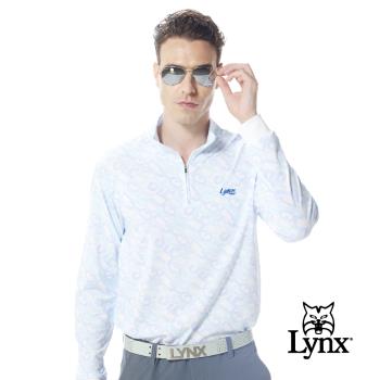 【Lynx Golf】男款吸濕排汗滿版LYNX字樣線條組合印花長袖立領POLO衫/高爾夫球衫-水藍色
