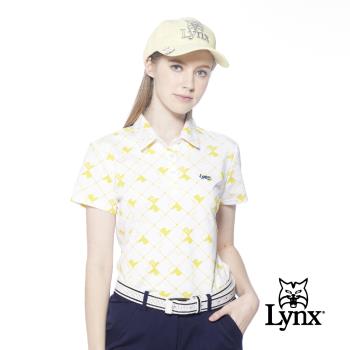 【Lynx Golf】女款吸汗速乾機能菱格紋拼圖造型Lynx繡花短袖POLO衫-白色