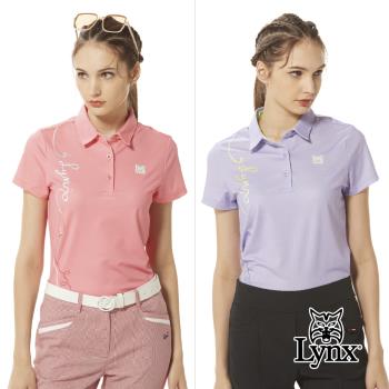 【Lynx Golf】女款吸溼排汗洞洞布材質後背剪接設計Lynx草寫緞帶印花短袖POLO衫/高爾夫球衫(二色)