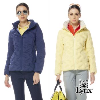 【Lynx Golf】女款保暖羽絨壓紋設計雙層領設計雙色拉鍊口袋長袖可拆式連帽外套(二色)-慈濟
