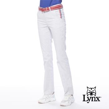 【Lynx Golf】女款彈性舒適緹織布料三色織帶設計Lynx字樣鐵牌窄管長褲(二色)