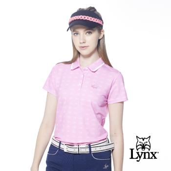 【Lynx Golf】女款吸排抗UV合身版花邊領設計滿版Lynx字樣印花短袖POLO衫/高爾夫球衫(二色)