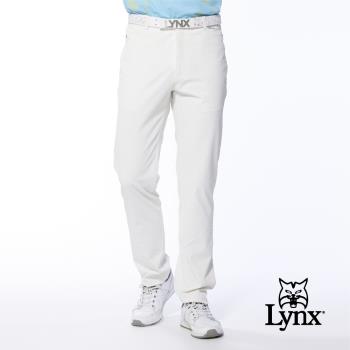 【Lynx Golf】男款日本進口布料拉鍊口袋設計後袋配布剪接平口休閒長褲(三色)