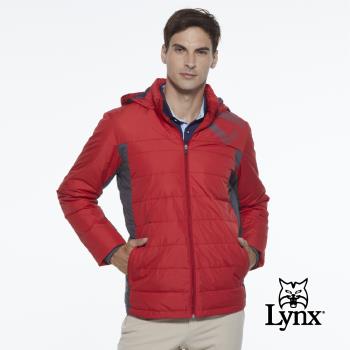 【Lynx Golf】男款防潑水防風保暖科技羽絨Lynx印花連帽可拆式長袖外套(二色)