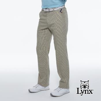 【Lynx Golf】男款日本進口布料彈性舒適細格紋路口袋配色針織帶平口休閒長褲(二色)