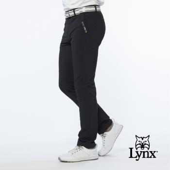 【Lynx Golf】男款潑水功能膝蓋剪接彩色LOGO繡花平口窄管休閒長褲(二色)