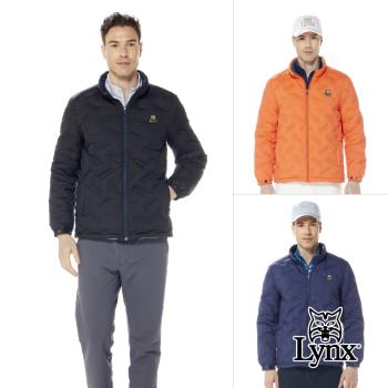【Lynx Golf】男款保暖防風羽絨壓紋設計羅紋內領後背剪接印花拉鍊口袋長袖外套(三色)