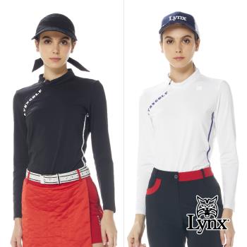 【Lynx Golf】首爾高桿風格！女款吸排抗UV內刷毛配色壓條斜開門襟印花設計長袖立領POLO衫/高爾夫球衫(二色)