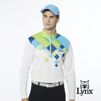 【Lynx Golf】男款吸濕排汗網眼材質漸層格紋設計山貓繡花長袖立領POLO衫(二色)