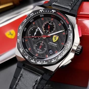 FERRARI手錶, 男錶 44mm 黑八角形精鋼錶殼 黑色格紋三眼, 中三針顯示, 運動錶面款 FE00053