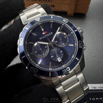 TommyHilfiger 湯米希爾費格男錶 44mm 寶藍圓形精鋼錶殼 寶藍色三眼, 中三針顯示, 水鬼錶面款 TH00055