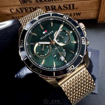 TommyHilfiger 湯米希爾費格男錶 44mm 金色圓形精鋼錶殼 墨綠色三眼, 中三針顯示, 水鬼錶面款 TH00054