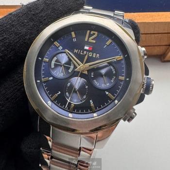 TommyHilfiger 湯米希爾費格男錶 46mm 銀八角形精鋼錶殼 寶藍色三眼, 中三針顯示錶面款 TH00052