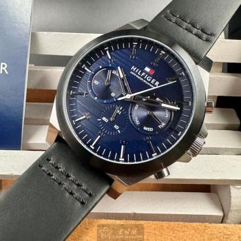 TommyHilfiger 湯米希爾費格男錶 46mm 黑, 銀六角形精鋼錶殼 寶藍色三眼, 中三針顯示錶面款 TH00047