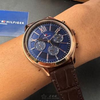 TommyHilfiger 湯米希爾費格男錶 44mm 玫瑰金圓形精鋼錶殼 寶藍色三眼, 中三針顯示錶面款 TH00046