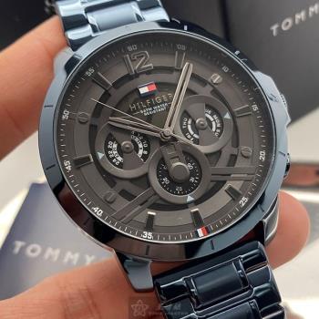 TommyHilfiger 湯米希爾費格男錶 50mm 寶藍圓形精鋼錶殼 黑色三眼, 中三針顯示, 運動錶面款 TH00041