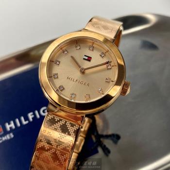 TommyHilfiger手錶, 女錶 28mm 玫瑰金圓形精鋼錶殼 玫瑰金色時分中二針顯示, 鑽圈錶面款 TH00038