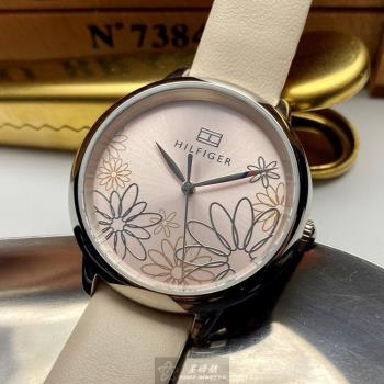 TommyHilfiger 湯米希爾費格女錶 36mm 銀圓形精鋼錶殼 粉紅色時分秒中三針顯示, 花香錶面款 TH00036